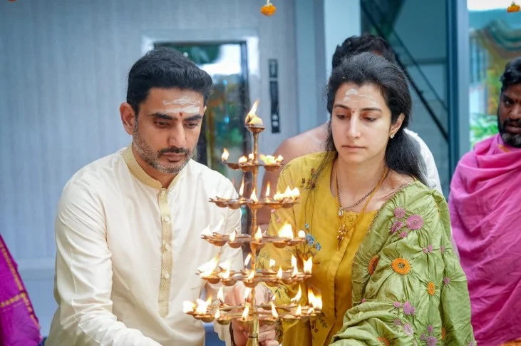 Minister Nara Lokesh, Wife Nara Brahmani Perform Special Rudrabhishek in Hyderabad